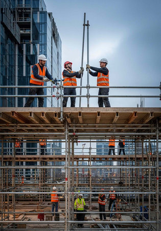 Workers in orange vests and hard hats on scaffolding at a construction site, assembling metal beams...