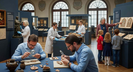 Museum staff in lab coats carefully conserve and examine artifacts at a table, while visitors and a guide interact with exhibits in a spacious gallery with large windows.の写真素材