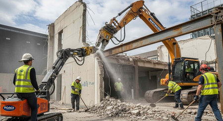 Workers in hard hats and safety vests operate heavy machinery to demolish a building, with debris and rubble scattered around the site.の写真素材