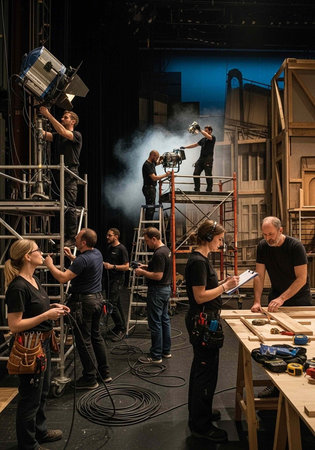 A team of people in black clothing working together on a film set with scaffolding, lighting equipment, and tools.の写真素材