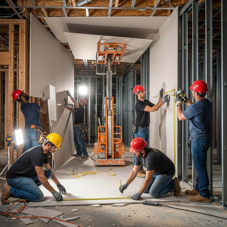 Men in hard hats and gloves work together to install drywall in a partially constructed building...
