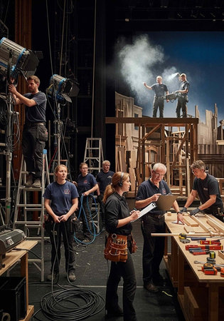 A group of people in dark clothing working on a film set with stage, lighting equipment, and tools,...