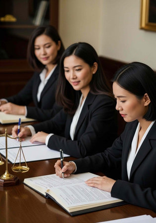 Three Asian women in black business suits and white shirts sit at a desk, writing with pens in...