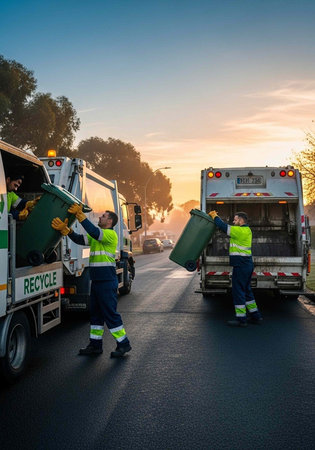 Two workers in reflective vests collecting green bins into recycling trucks on a street during sunset.の写真素材