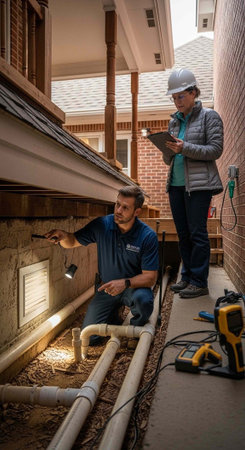 Two workers, one kneeling and one standing, inspect and repair outdoor plumbing system with tools and equipment in a residential setting.の写真素材