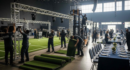 Men in black clothing installing green turf rolls and setting up metal structures in a large indoor...
