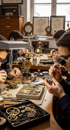 A group of watchmakers working intently on clock parts at a wooden workbench with tools and clock...