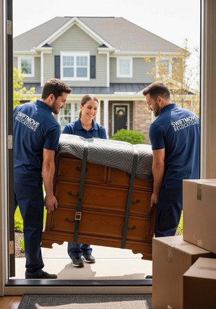 Three movers in uniform transporting a mattress and wooden bed frame into a house with cardboard boxes nearby.の写真素材