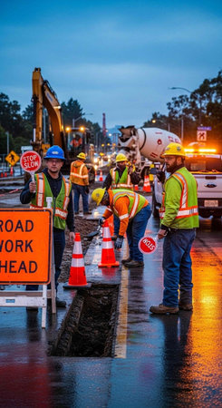 Construction workers in high vis vests and hard hats work on a wet road with traffic cones and heavy machinery at duskの写真素材