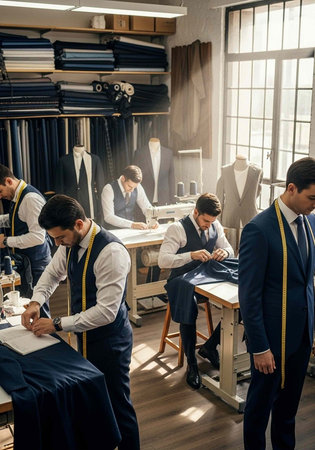 Men in a tailor shop working on suits and fabric, with sewing machines and materials around them.