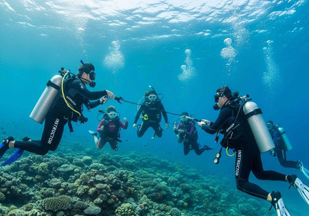 A group of scuba divers in black wetsuits explore a colorful coral reef, connected by a safety line, in clear blue ocean waters with sunlight filtering through.の写真素材