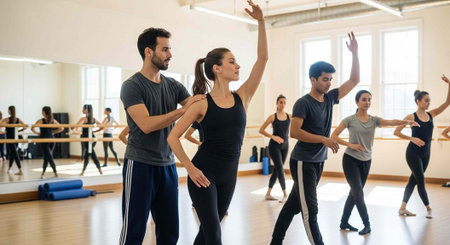 A dance instructor guides a student in a studio with other students practicing in the background,...