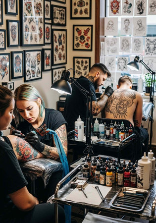 A bustling tattoo studio with artists working on clients, surrounded by framed tattoo designs and equipment.の写真素材