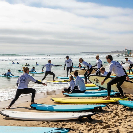 A group of people, including children and adults, are gathered on a sandy beach with surfboards,...