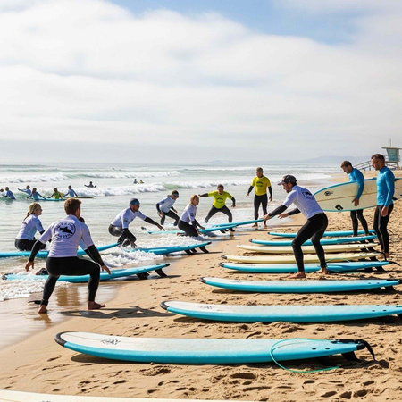 A group of people in wetsuits stand on a sandy beach, preparing to surf with multiple blue and white surfboards scattered around them, with ocean waves in the background.の写真素材