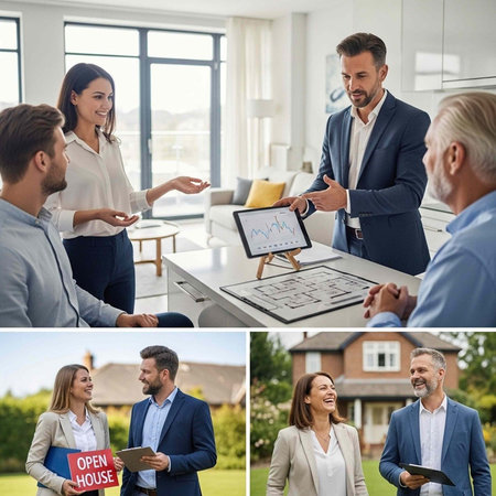 A collage of real estate agents presenting a home to clients, discussing property details, and holding an open house sign, showcasing a modern home interior and exterior.の写真素材
