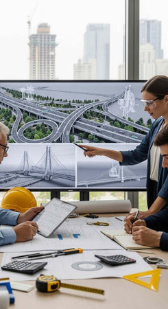Team of professionals working together on a highway construction project, surrounded by tools and technology, with a cityscape view in the background.の写真素材
