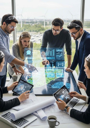 A group of professionals gathered around a table, using smart glasses and devices to interact with a futuristic digital interface, in a modern office with a city view.の写真素材