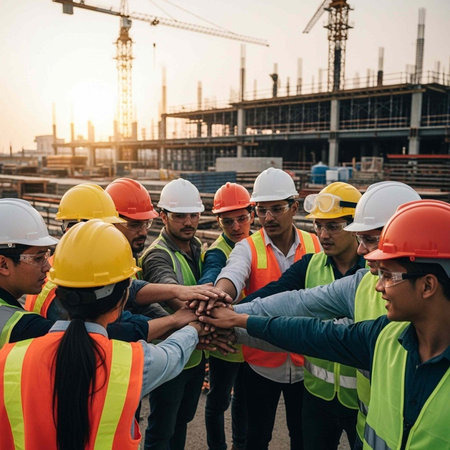 A diverse group of construction workers wearing hard hats and safety vests stack their hands in...