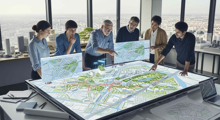 Group of six professionals gathered around a large digital map on a table, discussing and pointing...