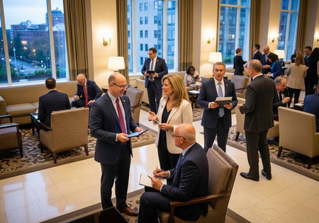 A group of formally dressed businesspeople engage in conversations in a spacious, well-lit hotel lobby with large windows offering a city view.の写真素材