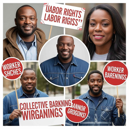 A collage of five people, diverse in gender and ethnicity, holding labor rights signs and smiling,...