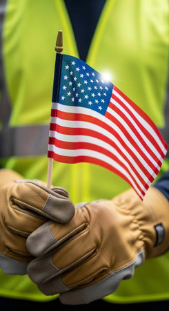 A person wearing brown gloves holds a small American flag in front of a blurred background of a yellow safety vest.の写真素材