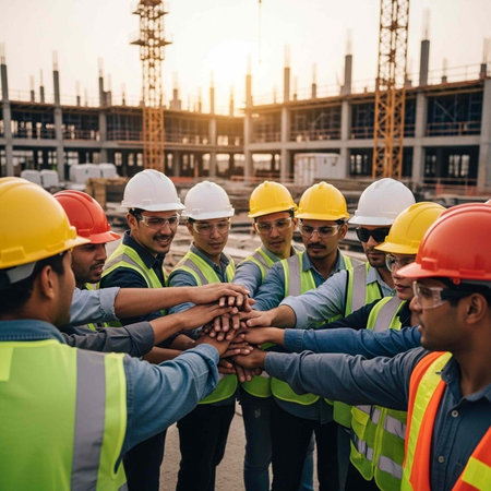 A group of construction workers wearing hard hats and safety vests stack their hands in unity at a building site with a large structure under construction in the background.の写真素材