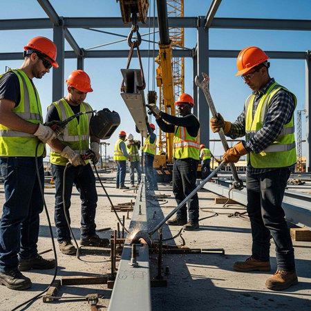 Workers in orange hard hats and yellow vests weld steel beams on a construction site with a crane in the background and safety gear.の写真素材