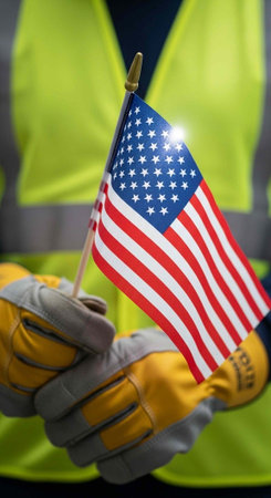 A person wearing yellow and gray gloves holds a small American flag in front of a neon green safety vest.の写真素材