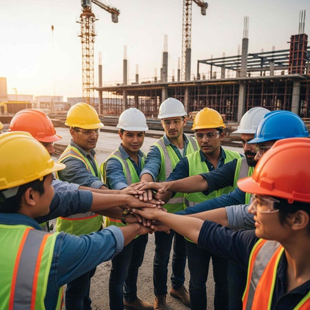 A group of construction workers wearing hard hats and safety vests stack their hands in unity on a building site with cranes and an unfinished structure in the background.の写真素材