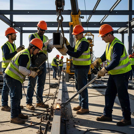 A group of construction workers in orange hard hats and yellow safety vests working together on a building site, handling metal beams and equipment.の写真素材