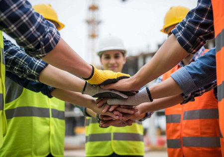 A group of construction workers wearing safety gear stack their hands together in a symbol of...