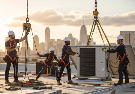 Four construction workers in safety gear installing an air conditioning unit on a rooftop with a city skyline in the background during sunset.の写真素材