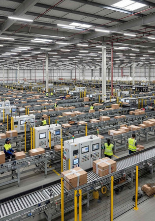 A spacious warehouse with rows of conveyor belts, workers in yellow vests, and numerous cardboard boxes being transported.の写真素材