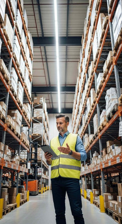 A man in a yellow safety vest stands in a warehouse aisle, holding a tablet and inspecting inventory on tall shelving units.の写真素材