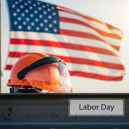 A hard hat and safety goggles sit on a metal beam with a blurred American flag waving in the background and a Labor Day sign.の写真素材