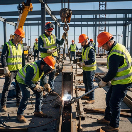 Construction workers in orange hard hats and yellow vests welding and working on steel beams at a...
