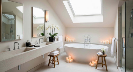 A serene and modern bathroom featuring a freestanding tub, double sink vanity, and a skylight,...