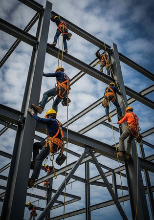 Workers in orange harnesses and yellow hard hats climb steel beams on a construction site under a...