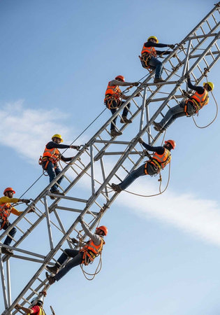 A group of workers in orange vests and hard hats climb a tall metal tower, secured with ropes and harnesses, against a backdrop of blue sky and white clouds.の写真素材