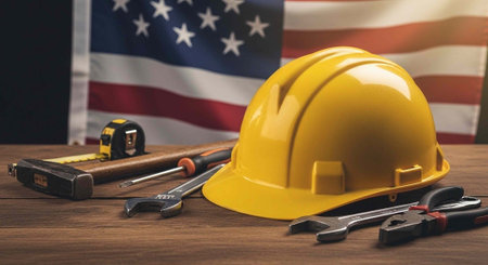 A yellow hard hat and various construction tools, including wrenches and a tape measure, arranged on a wooden table with the American flag in the background.の写真素材