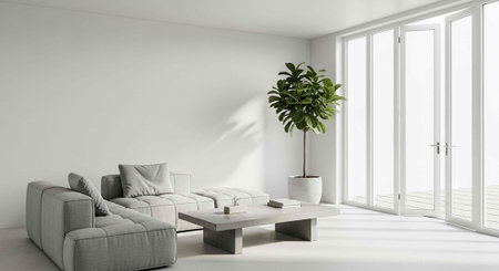 A serene and modern living room with a gray sectional sofa, a minimalist coffee table, and a potted plant, bathed in natural light from large windows.の写真素材