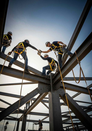 Five workers in hard hats and yellow harnesses assist one another on a metal beam framework against a clear blue sky.の写真素材
