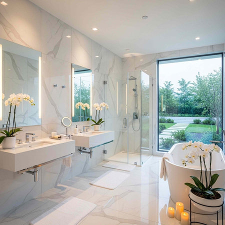 A sleek, modern bathroom with white marble tiles, large windows, and a freestanding tub, featuring...