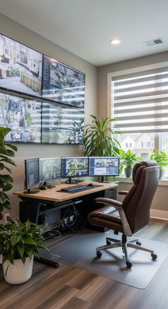 A well-organized security monitoring room with multiple screens, a desk, and a comfortable chair,...