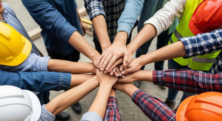 A group of construction workers with their hands stacked together in a symbol of unity and teamwork,...