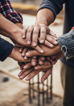 Close-up of multiple hands stacked together, showing diversity and teamwork, with blurred background of construction site or building areaの写真素材