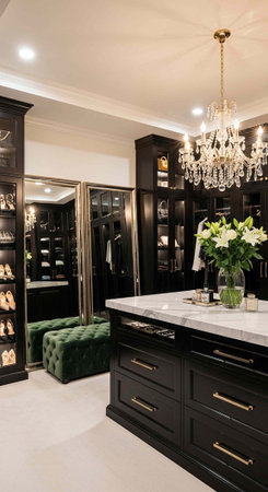A spacious walk-in closet with black shelving, a large marble-topped island, green ottoman, and crystal chandelier, featuring a stylish and organized interior design.の写真素材