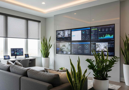 A sleek, modern living room with a large screen display on the wall, a gray couch, and potted...
